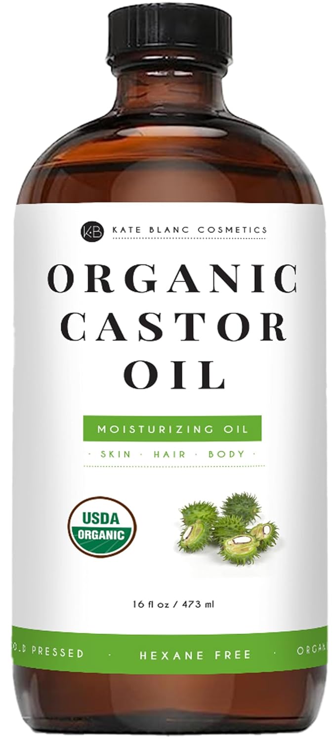 Kate Blanc Cosmetics Castor Oil Organic for Hair Growth & Body (16oz). 100% Pure Cold-Pressed, Hexane-Free Unrefined in Glass Bottle
