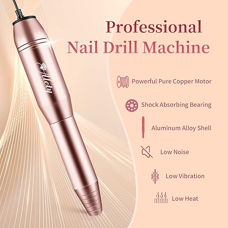 Electric Nail Drill Kit, Portable Electric Nail File for Acrylic Gel Nails, Professional Nail Drill Machine Efile Manicure Pedicure Tools with Gold Nail Drill Bits for Home Salon Use