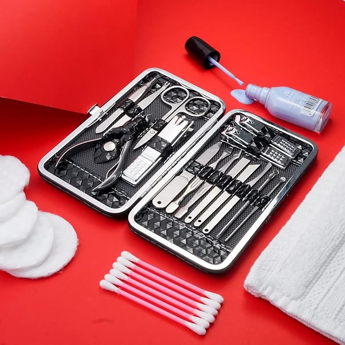 CA Nail Clippers Pedicure Manicure Set Of 15 - Professional Nail Care Kit For Women & Men With Travel-Friendly Leather Case (Black)