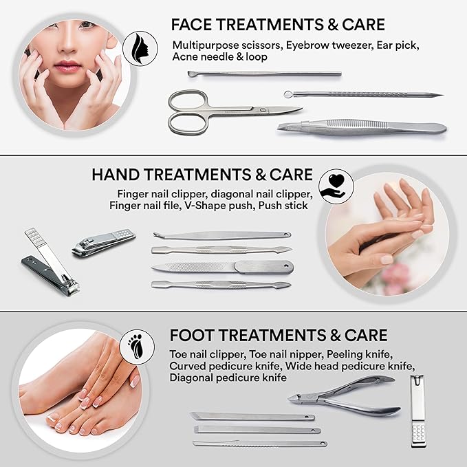 CA Nail Clippers Pedicure Manicure Set Of 15 - Professional Nail Care Kit For Women & Men With Travel-Friendly Leather Case (Black)