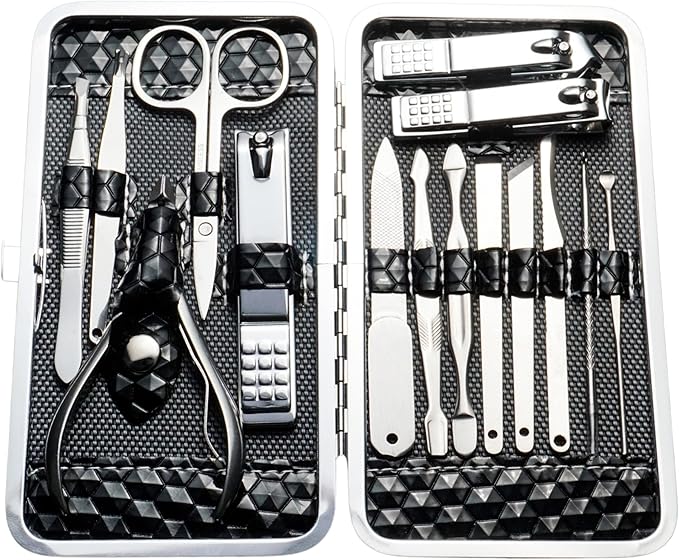 CA Nail Clippers Pedicure Manicure Set Of 15 - Professional Nail Care Kit For Women & Men With Travel-Friendly Leather Case (Black)