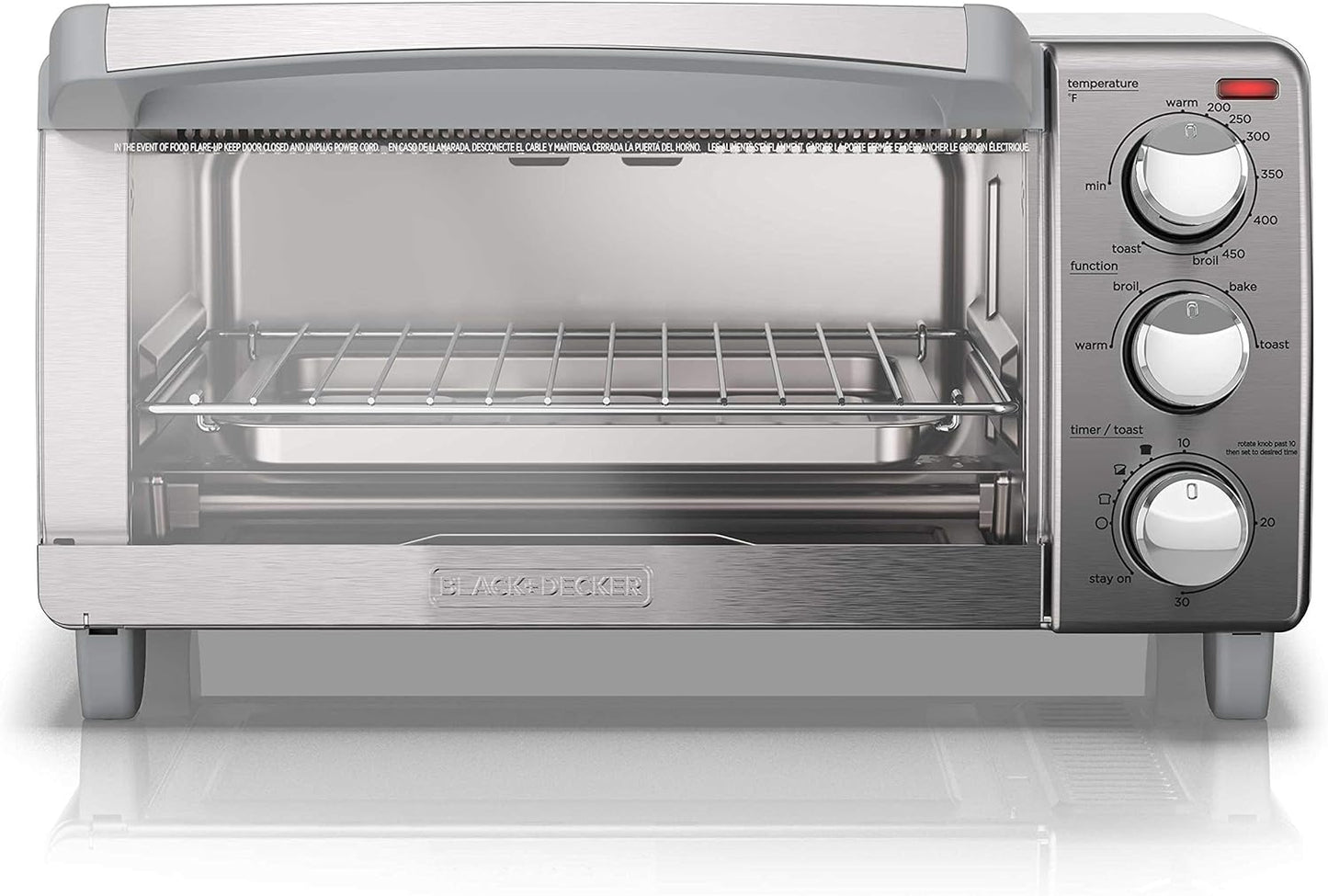 BLACK+DECKER 4-Slice Toaster Oven, TO1745SSG-1A, Even Toast, 4 Cooking Functions Bake, Broil, Toast and Keep Warm, Removable Crumb Tray, Timer