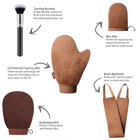 Self Tanning Mitt Applicator Kit - Sanfery 5 Pack Tanning Mitts Self Tanner Mitt Applicator Kit Self Tan Mitt Kit with Tanning Glove, Back Applicator, Mini Tan Mit, Exfoliating Mitt, Brush