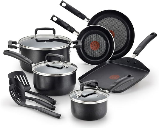 T-fal Signature Nonstick Cookware Set 12 Piece, Oven Broiler Safe 350F, Pots and Pans, Kitchen Cooking Set w/ Fry Pans, Saucepans, Saute Pan, Dutch Oven, Griddle, Kitchen, Home, Dishwasher Safe, Black