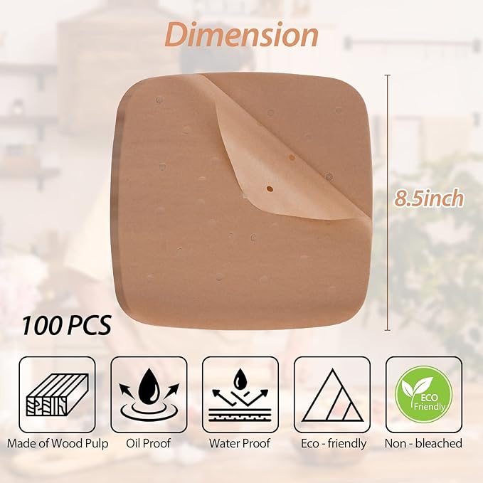 CA Kitchecy Air Fryer Parchment Paper Liners - 8.5in 100 Pcs Airfryer Pagement Paper Square, Easy to Clean, No Burn, for Air Fryer, Cooking, Baking, Grill (Wood) (Square - 8.5 Inches), Brown