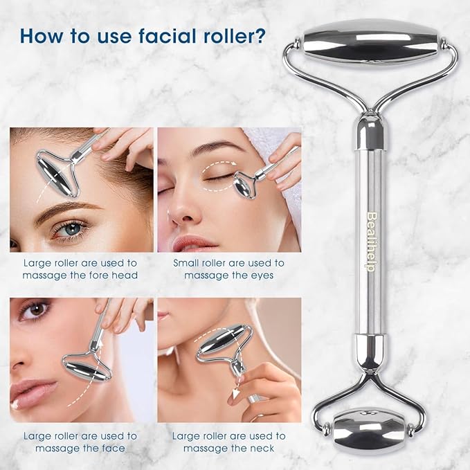 Face Roller & Gua Sha, Stainless Steel Facial Roller and Guasha Tool for Face, Skin Care Roller for Wrinkles and Lifting, Improve Puffiness, Metal Face Massager for Eyes, Neck Tighten