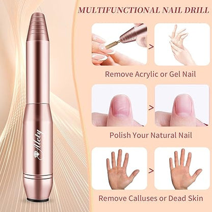 Electric Nail Drill Kit, Portable Electric Nail File for Acrylic Gel Nails, Professional Nail Drill Machine Efile Manicure Pedicure Tools with Gold Nail Drill Bits for Home Salon Use