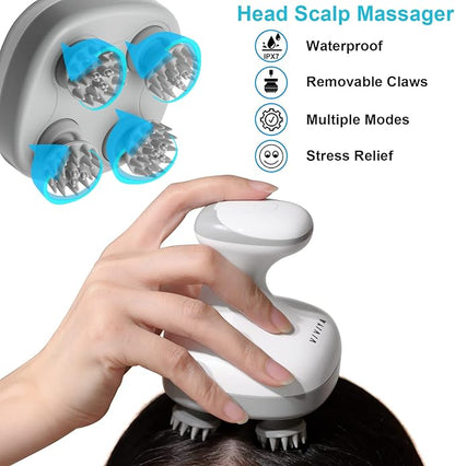 Electric Scalp Massager, Portable Rechargeable Head Massager with 8 Removable Massage Claws, Waterproof Handheld Hair Scalp Scratcher for Full-Body Massage and Stress Relax