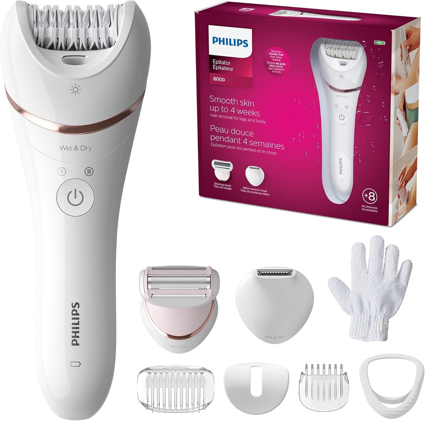 Philips Epilator Series 8000, Wet & Dry, 3-in-1 with Shaver & Trimmer Attachments for Women, 8 Accessories Included, BRE720/14