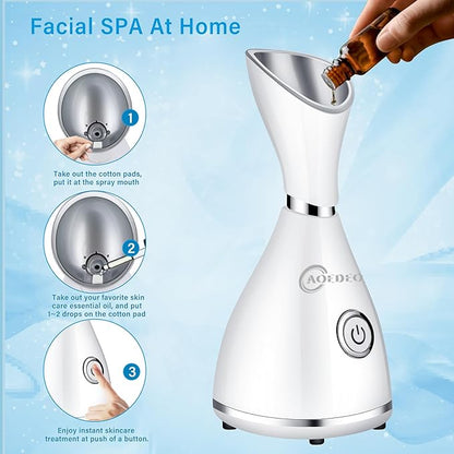 Face Steamer for Facial Deep Cleaning Nano Ionic Face Steamer Warm Mist Humidifier Face Steamer Home Sauna SPA Face with 4 Piece Stainless Steel Skin Kit,Hair Band,Wash Face Sponge