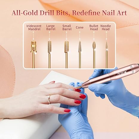 Electric Nail Drill Kit, Portable Electric Nail File for Acrylic Gel Nails, Professional Nail Drill Machine Efile Manicure Pedicure Tools with Gold Nail Drill Bits for Home Salon Use