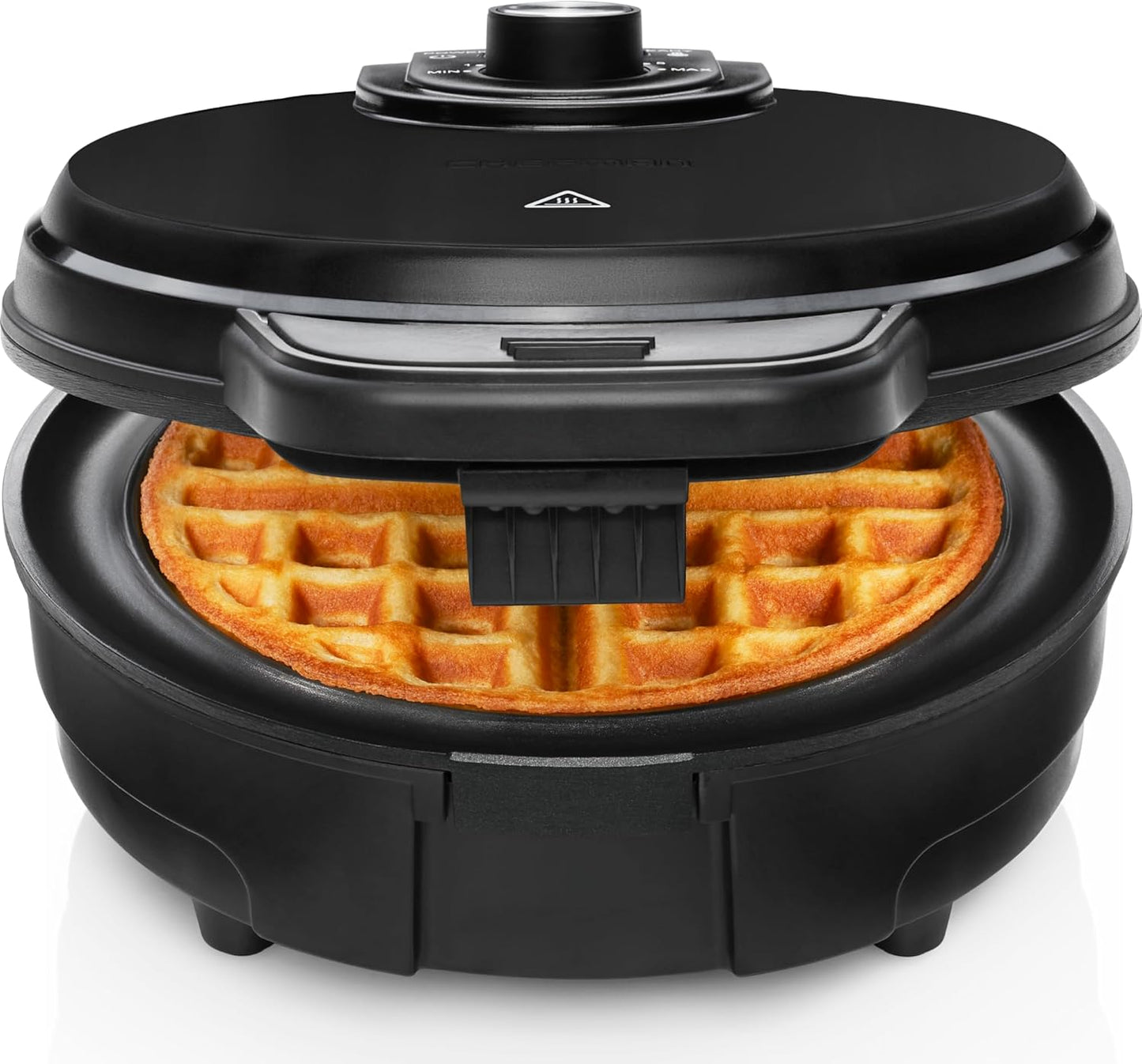 Chefman Anti-Overflow Belgian Waffle Maker w/Shade Selector, Temperature Control, Mess Free Moat, Round Iron w/Nonstick Plates & Cool Touch Handle, Measuring Cup Included, Black