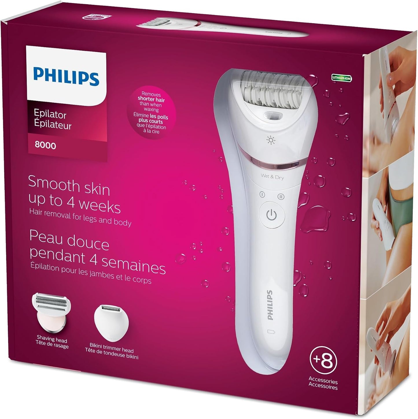 Philips Epilator Series 8000, Wet & Dry, 3-in-1 with Shaver & Trimmer Attachments for Women, 8 Accessories Included, BRE720/14