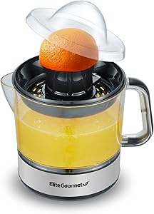 Elite Gourmet ETS623 BPA-Free Electric Citrus Juicer, Compact, Large Volume, Pulp Control, Oranges, Lemons, Limes, Grapefruits with Easy Pour Spout, 24oz, Black/Stainless Steel