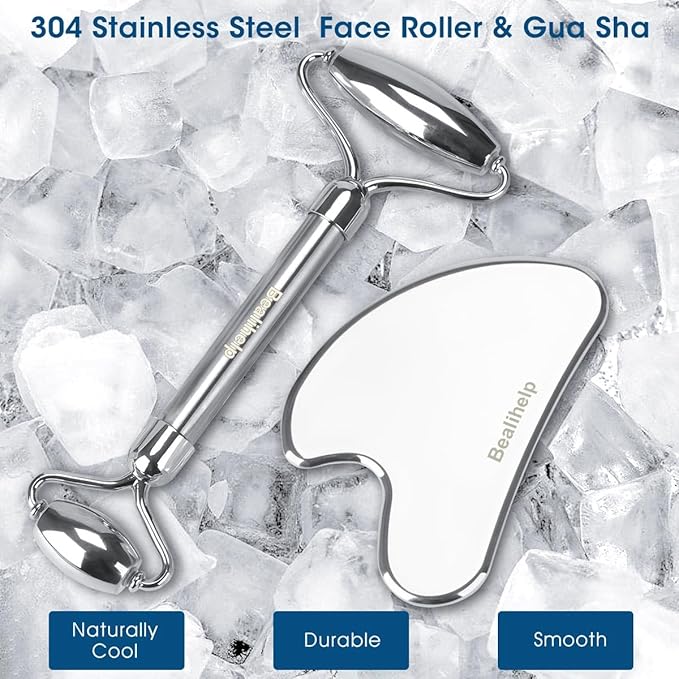 Face Roller & Gua Sha, Stainless Steel Facial Roller and Guasha Tool for Face, Skin Care Roller for Wrinkles and Lifting, Improve Puffiness, Metal Face Massager for Eyes, Neck Tighten