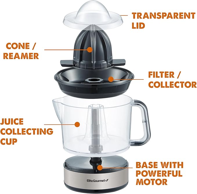 Elite Gourmet ETS623 BPA-Free Electric Citrus Juicer, Compact, Large Volume, Pulp Control, Oranges, Lemons, Limes, Grapefruits with Easy Pour Spout, 24oz, Black/Stainless Steel