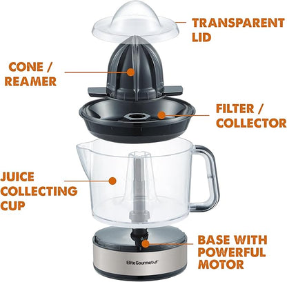 Elite Gourmet ETS623 BPA-Free Electric Citrus Juicer, Compact, Large Volume, Pulp Control, Oranges, Lemons, Limes, Grapefruits with Easy Pour Spout, 24oz, Black/Stainless Steel