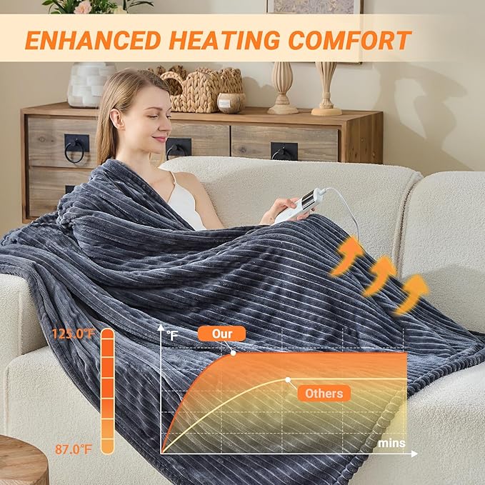 Electric Blanket Heated Throw Size, Soft Flannel Heating Blanket with 8 Hours Auto Off 10 Fast Heating Levels Machine Washable Sherpa Heated Blanket with Overheating Protection