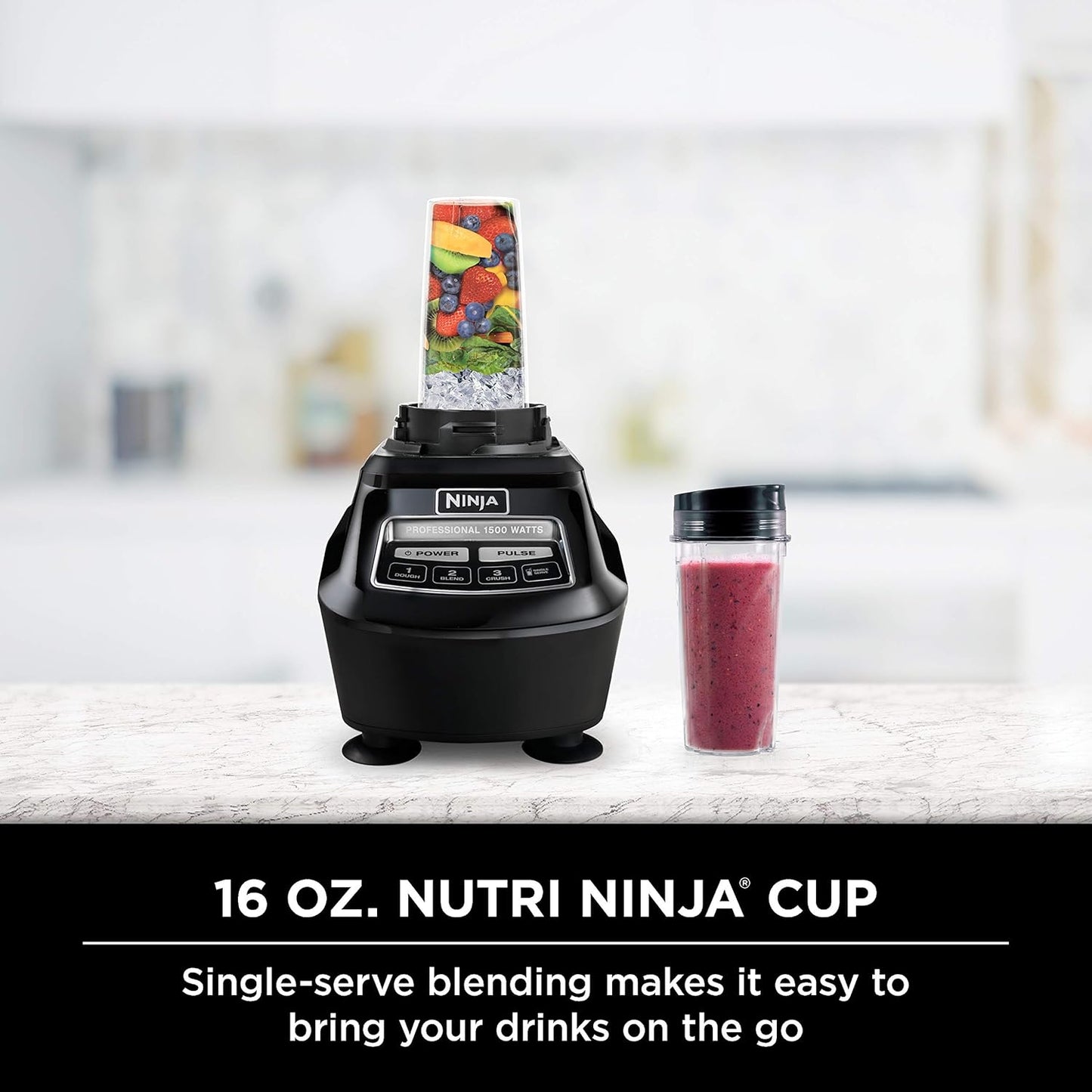 Ninja BL770 Mega Kitchen System, 1500W, 4 Functions for Smoothies, Processing, Dough, Drinks & More, with 72 Blender Pitcher, 64 Processor Bowl, (2) 16-oz. to-Go, Black, with 2 Nutri Cups + Lids