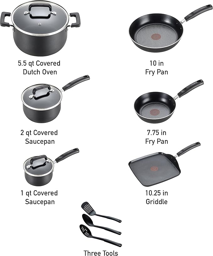 T-fal Signature Nonstick Cookware Set 12 Piece, Oven Broiler Safe 350F, Pots and Pans, Kitchen Cooking Set w/ Fry Pans, Saucepans, Saute Pan, Dutch Oven, Griddle, Kitchen, Home, Dishwasher Safe, Black