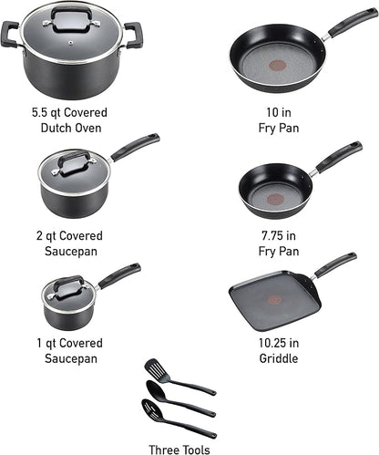 T-fal Signature Nonstick Cookware Set 12 Piece, Oven Broiler Safe 350F, Pots and Pans, Kitchen Cooking Set w/ Fry Pans, Saucepans, Saute Pan, Dutch Oven, Griddle, Kitchen, Home, Dishwasher Safe, Black