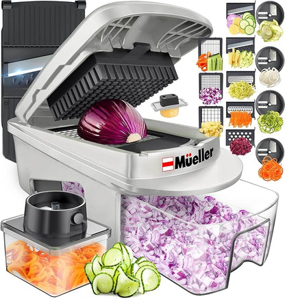 Mueller Pro-Series All-in-One, 12 Blade Mandoline Slicer for Kitchen, Food Chopper, Vegetable Slicer and Spiralizer, Cutter, Dicer, Grater, Kitchen Gadgets Sets with Container, White Sand/Gray