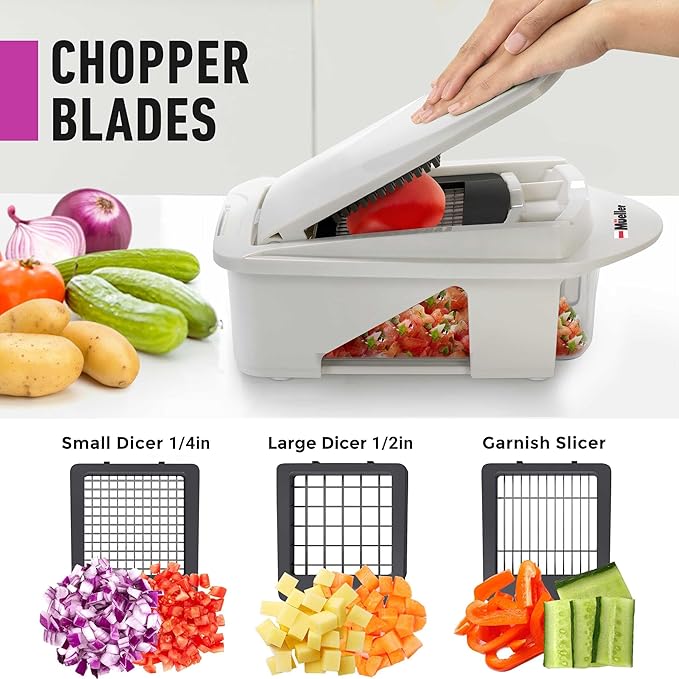 Mueller Pro-Series All-in-One, 12 Blade Mandoline Slicer for Kitchen, Food Chopper, Vegetable Slicer and Spiralizer, Cutter, Dicer, Grater, Kitchen Gadgets Sets with Container, White Sand/Gray