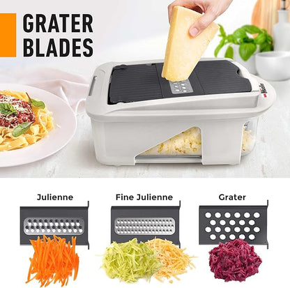 Mueller Pro-Series All-in-One, 12 Blade Mandoline Slicer for Kitchen, Food Chopper, Vegetable Slicer and Spiralizer, Cutter, Dicer, Grater, Kitchen Gadgets Sets with Container, White Sand/Gray