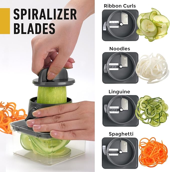 Mueller Pro-Series All-in-One, 12 Blade Mandoline Slicer for Kitchen, Food Chopper, Vegetable Slicer and Spiralizer, Cutter, Dicer, Grater, Kitchen Gadgets Sets with Container, White Sand/Gray