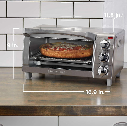 BLACK+DECKER 4-Slice Toaster Oven, TO1745SSG-1A, Even Toast, 4 Cooking Functions Bake, Broil, Toast and Keep Warm, Removable Crumb Tray, Timer